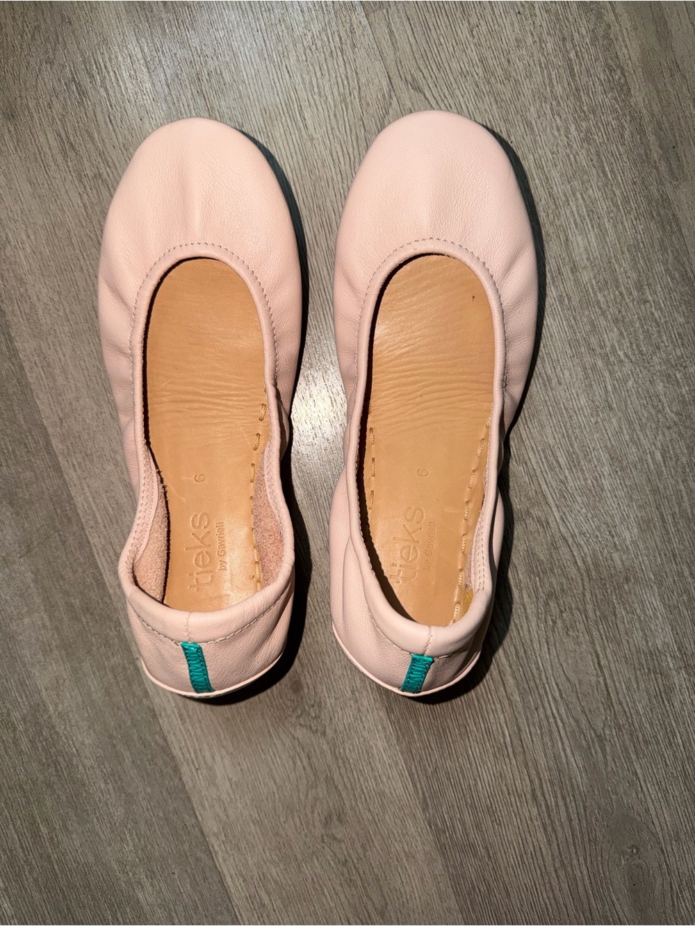 Tieks Pale Pink Ballet Flats with Teal Heel Tab